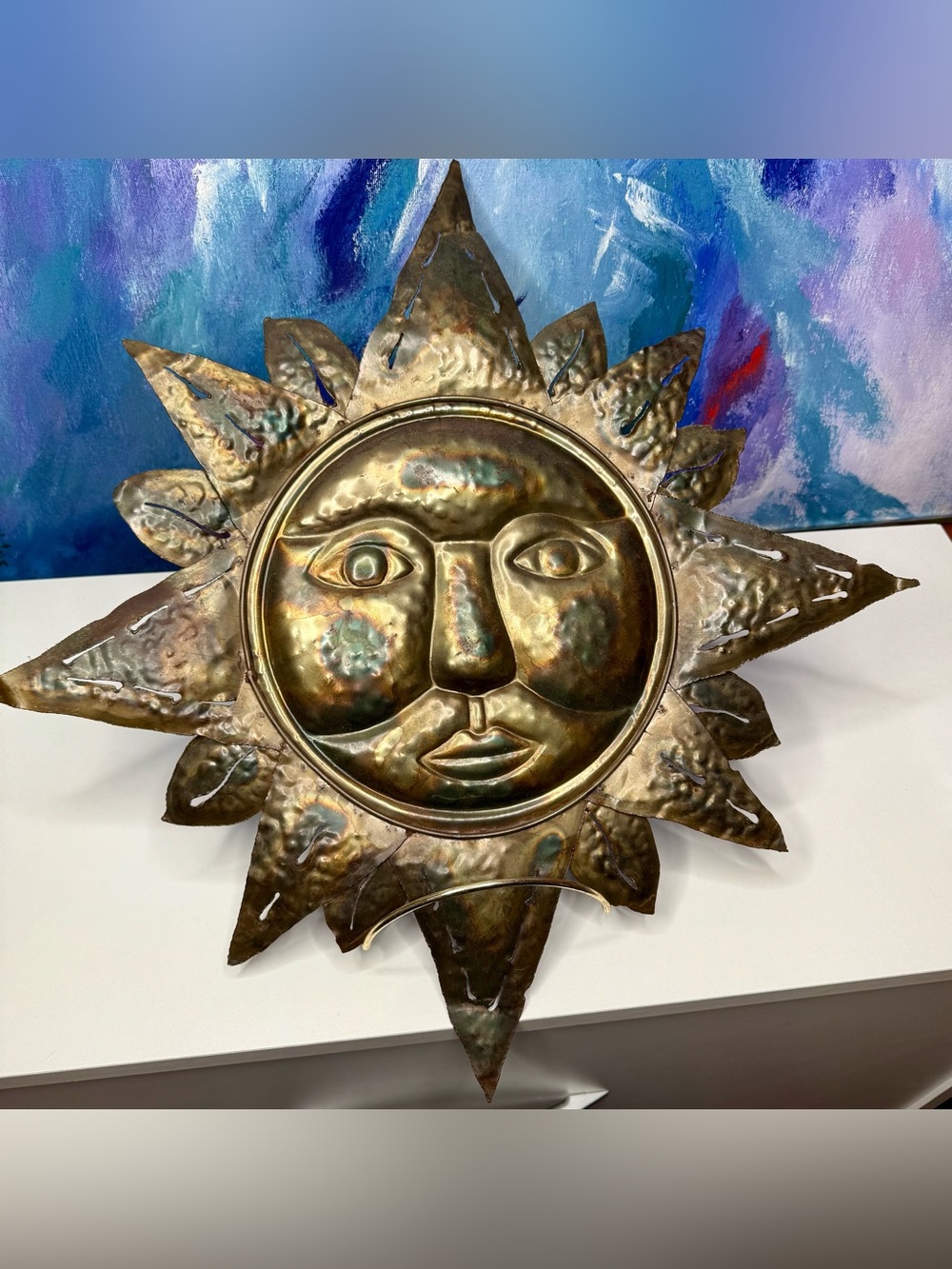 Hammered Metal Sun Face Celestial Sunburst Large Wall Hanging Whimsigoth 90s Y2K